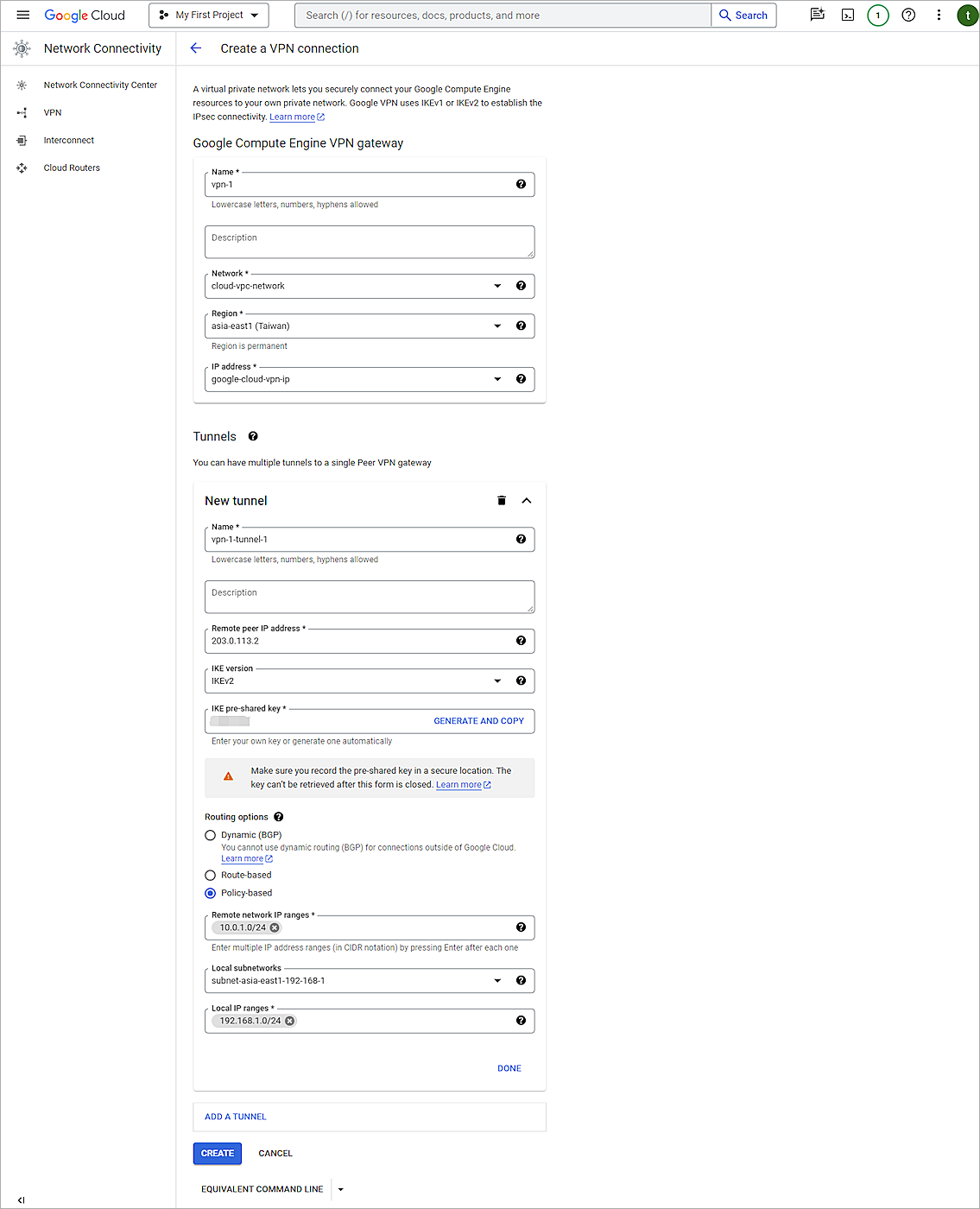 Screen shot of the completed VPN connection settings in Google Cloud